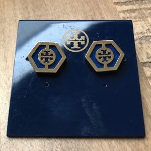 Tory Burch blue and gold logo stud earring